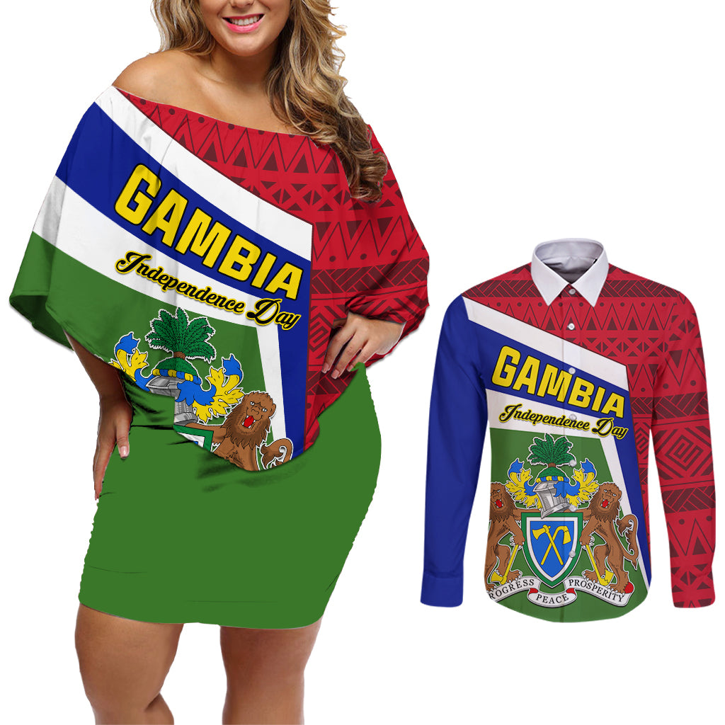Gambia Independence Day Couples Matching Off Shoulder Short Dress and Long Sleeve Button Shirt Coat Of Arms African Pattern - Wonder Print Shop