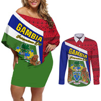 Gambia Independence Day Couples Matching Off Shoulder Short Dress and Long Sleeve Button Shirt Coat Of Arms African Pattern - Wonder Print Shop