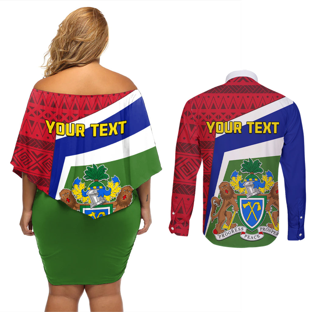 Gambia Independence Day Couples Matching Off Shoulder Short Dress and Long Sleeve Button Shirt Coat Of Arms African Pattern - Wonder Print Shop