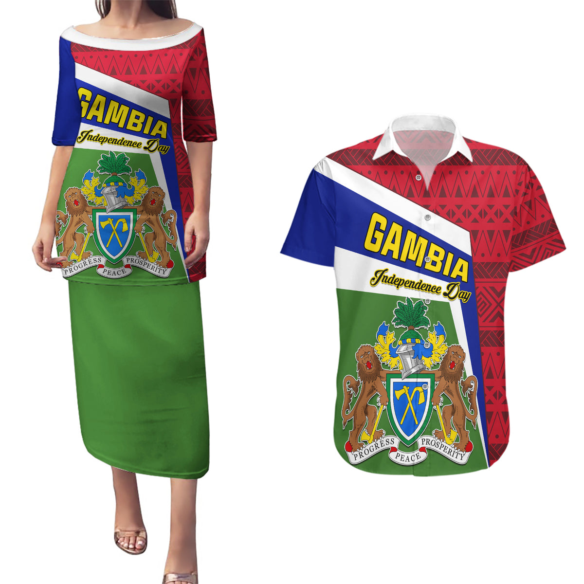 Gambia Independence Day Couples Matching Puletasi and Hawaiian Shirt Coat Of Arms African Pattern - Wonder Print Shop