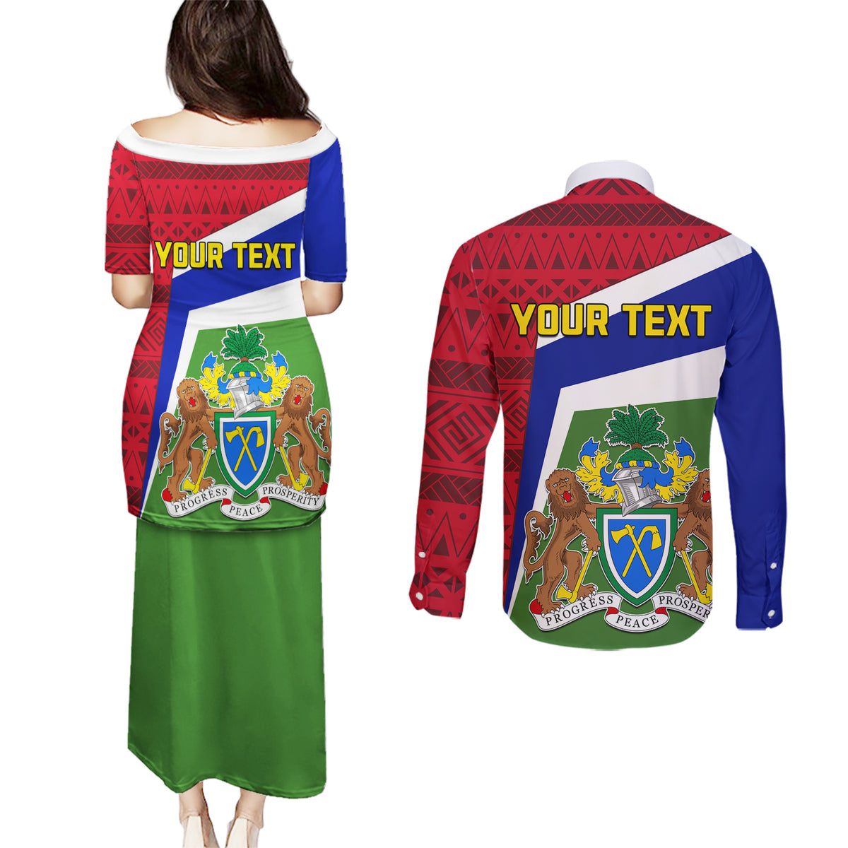 Gambia Independence Day Couples Matching Puletasi and Long Sleeve Button Shirt Coat Of Arms African Pattern - Wonder Print Shop