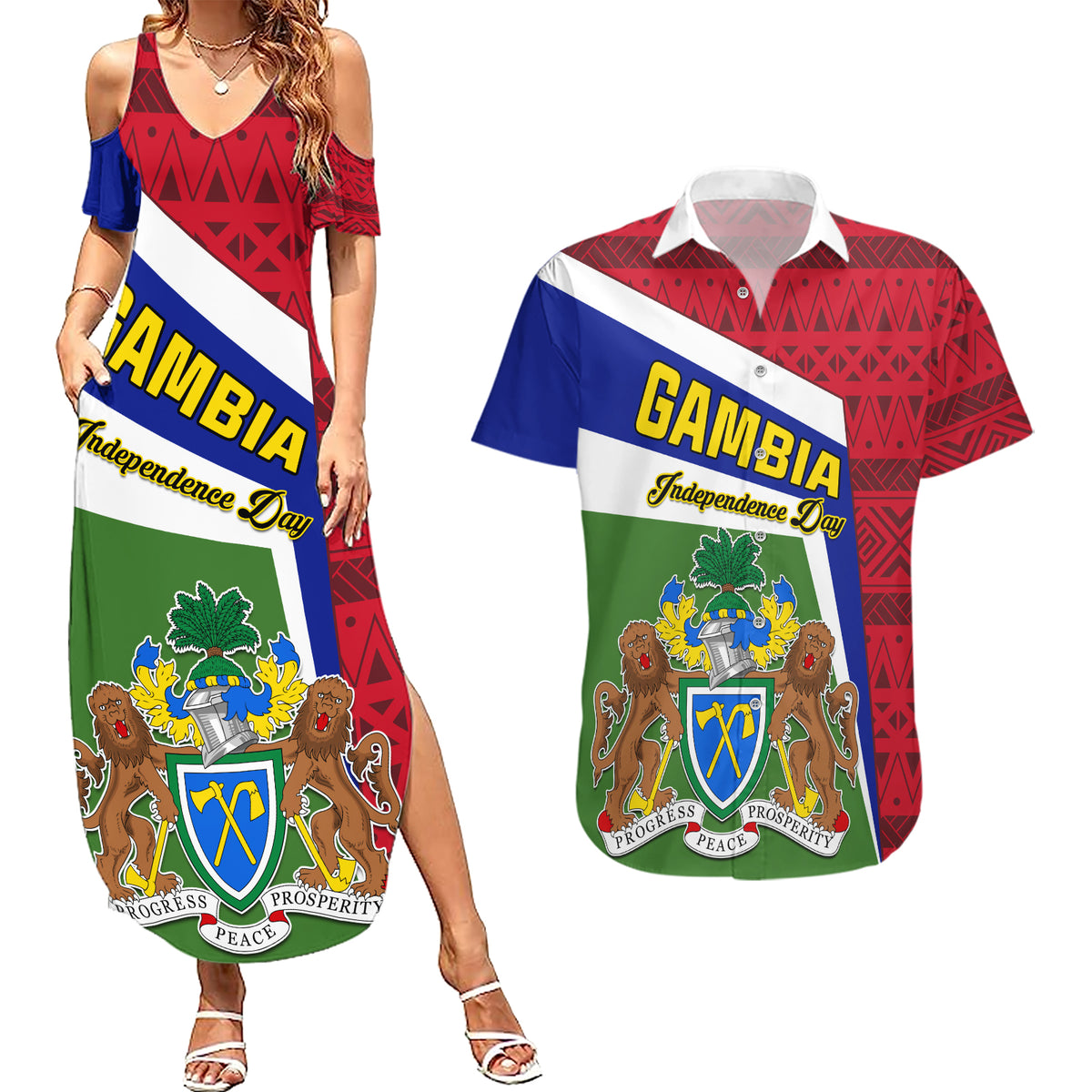 Gambia Independence Day Couples Matching Summer Maxi Dress and Hawaiian Shirt Coat Of Arms African Pattern - Wonder Print Shop