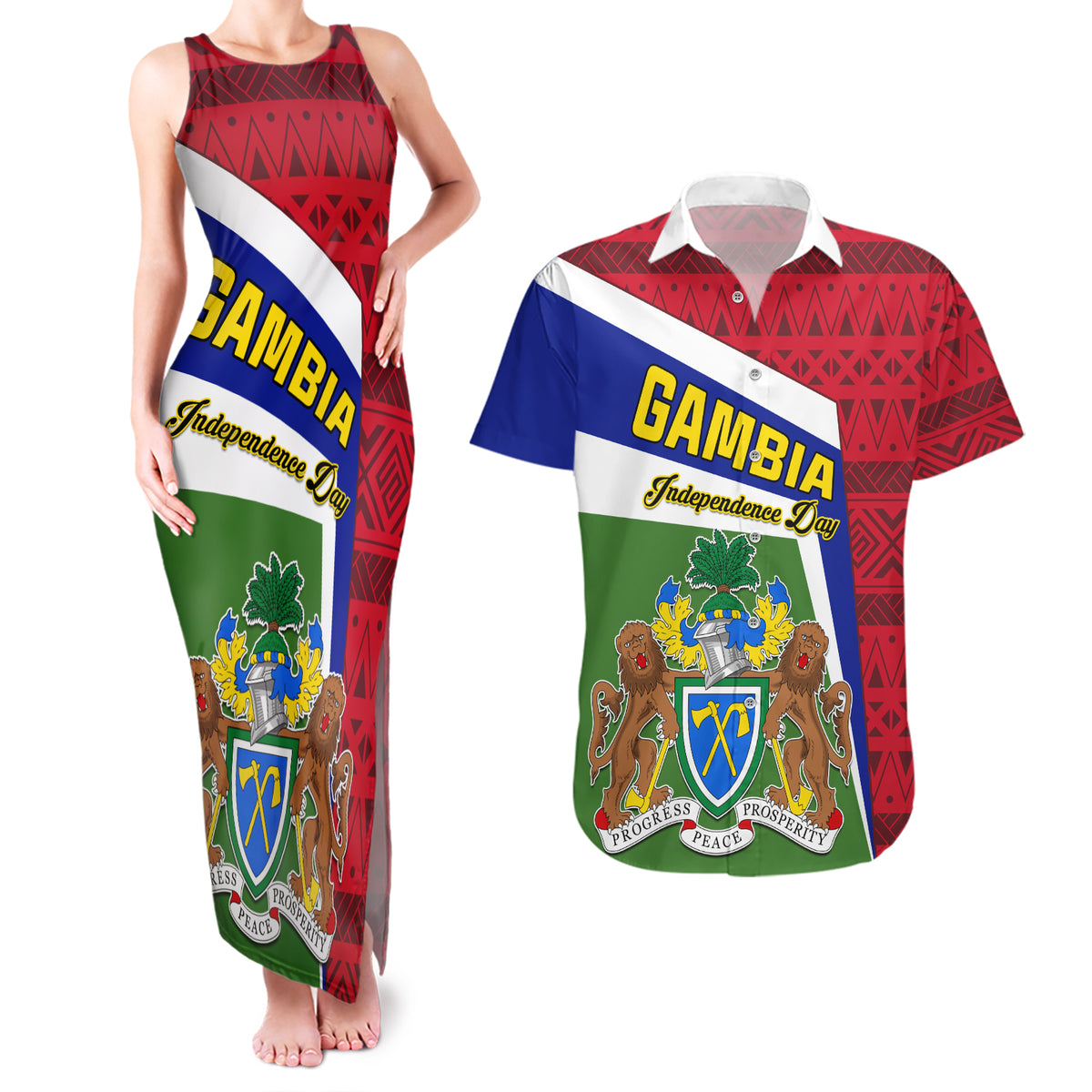 Gambia Independence Day Couples Matching Tank Maxi Dress and Hawaiian Shirt Coat Of Arms African Pattern - Wonder Print Shop