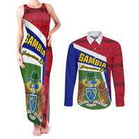 Gambia Independence Day Couples Matching Tank Maxi Dress and Long Sleeve Button Shirt Coat Of Arms African Pattern - Wonder Print Shop