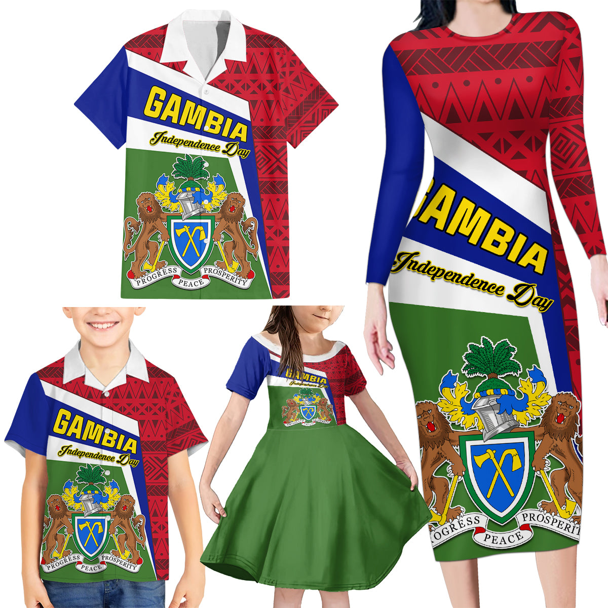 Gambia Independence Day Family Matching Long Sleeve Bodycon Dress and Hawaiian Shirt Coat Of Arms African Pattern - Wonder Print Shop
