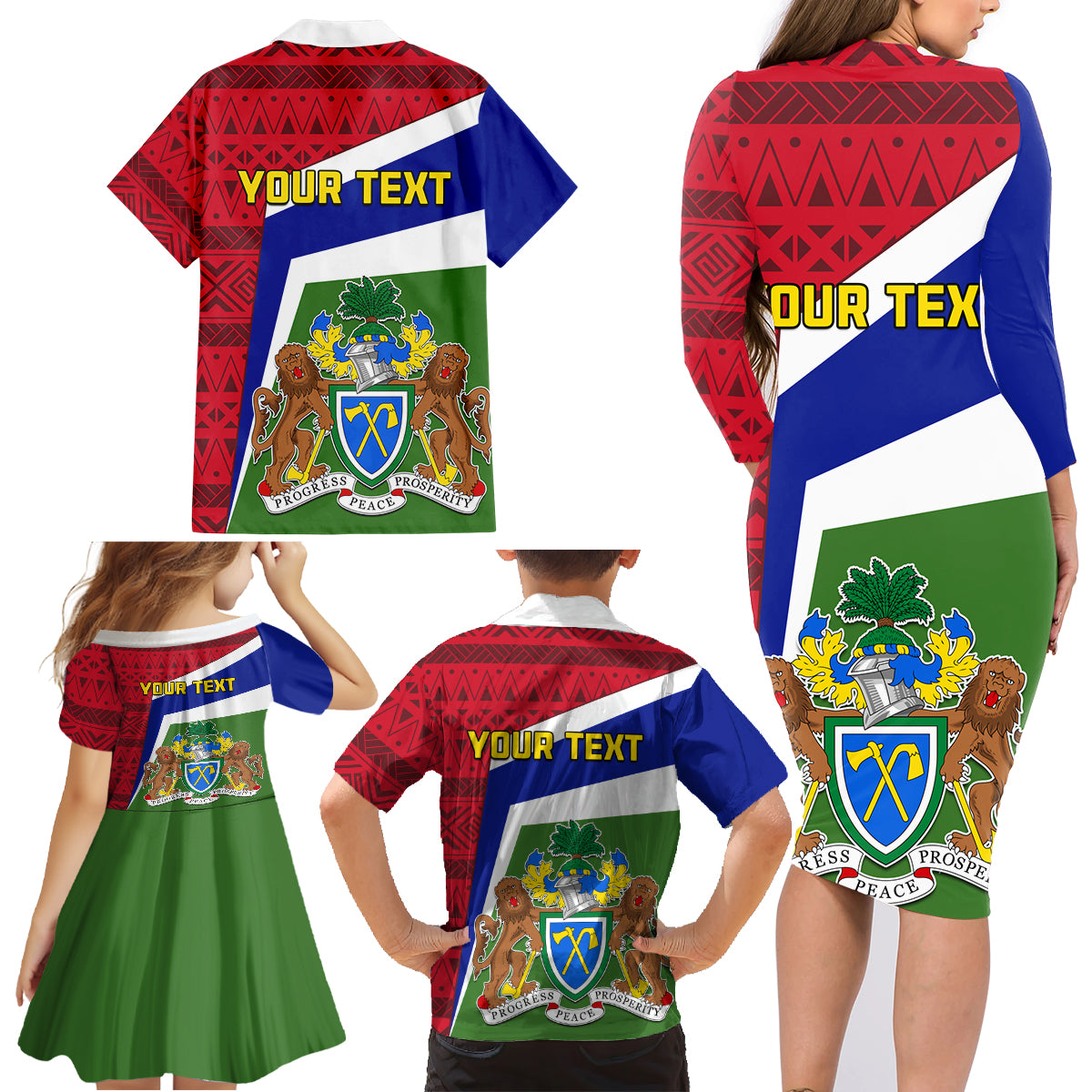 Gambia Independence Day Family Matching Long Sleeve Bodycon Dress and Hawaiian Shirt Coat Of Arms African Pattern - Wonder Print Shop