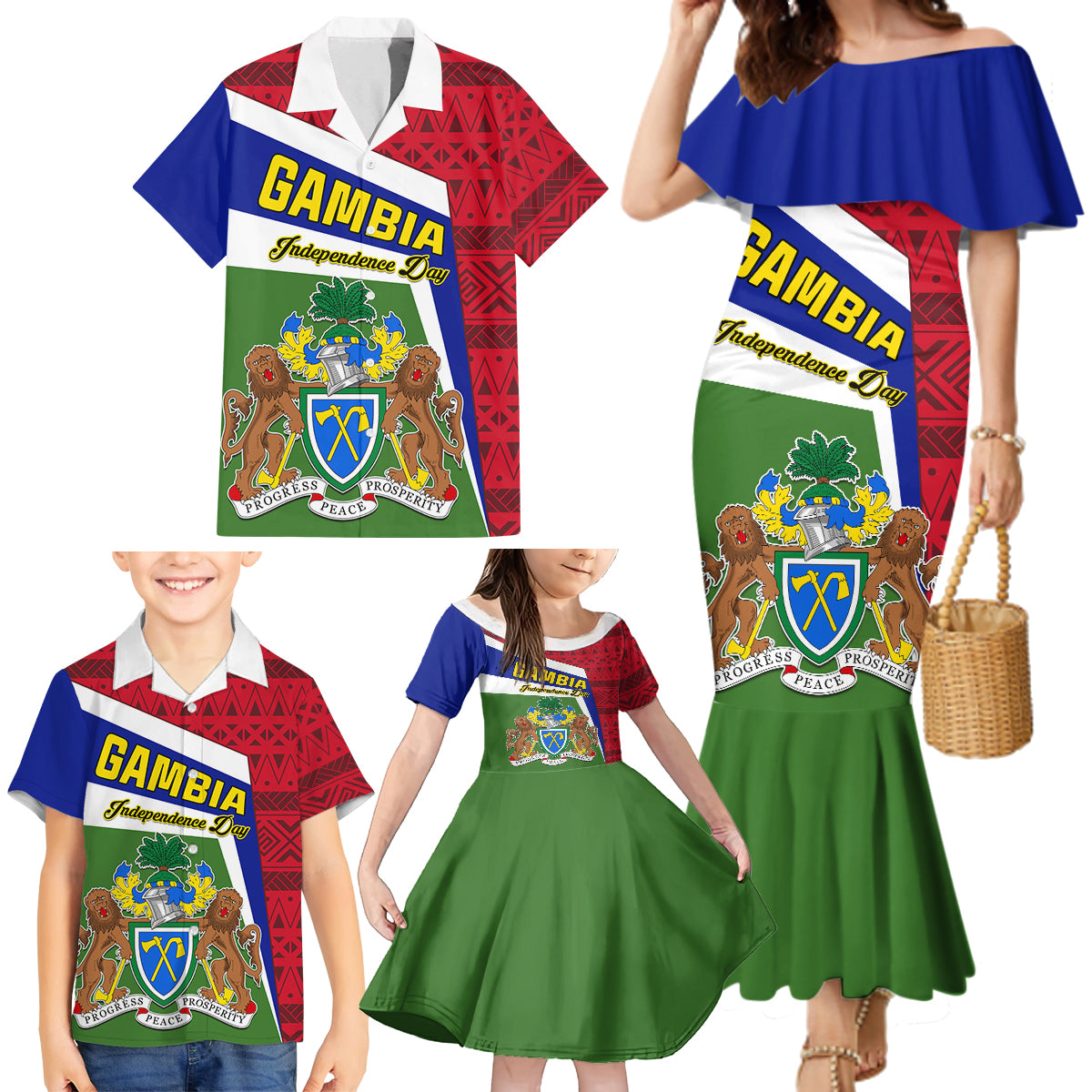 Gambia Independence Day Family Matching Mermaid Dress and Hawaiian Shirt Coat Of Arms African Pattern - Wonder Print Shop