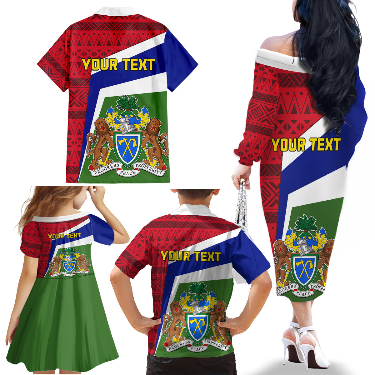 Gambia Independence Day Family Matching Off Shoulder Long Sleeve Dress and Hawaiian Shirt Coat Of Arms African Pattern - Wonder Print Shop