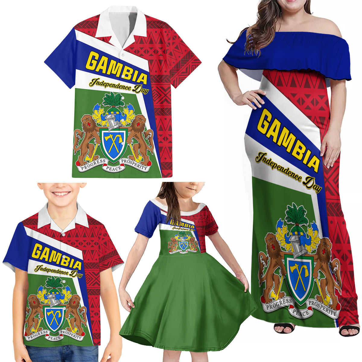 Gambia Independence Day Family Matching Off Shoulder Maxi Dress and Hawaiian Shirt Coat Of Arms African Pattern - Wonder Print Shop