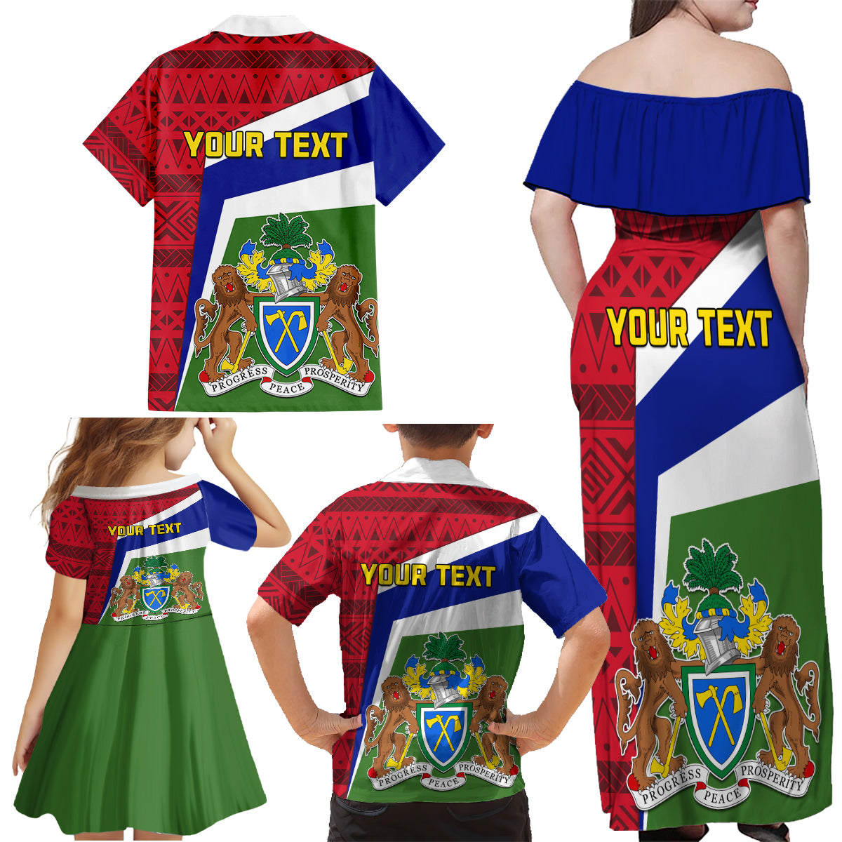 Gambia Independence Day Family Matching Off Shoulder Maxi Dress and Hawaiian Shirt Coat Of Arms African Pattern - Wonder Print Shop