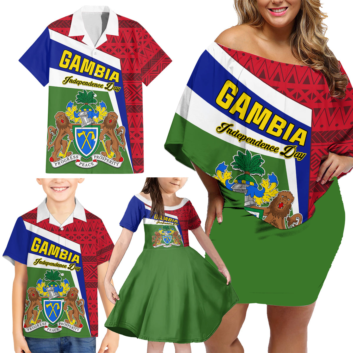 Gambia Independence Day Family Matching Off Shoulder Short Dress and Hawaiian Shirt Coat Of Arms African Pattern - Wonder Print Shop