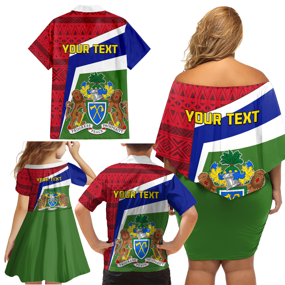 Gambia Independence Day Family Matching Off Shoulder Short Dress and Hawaiian Shirt Coat Of Arms African Pattern - Wonder Print Shop