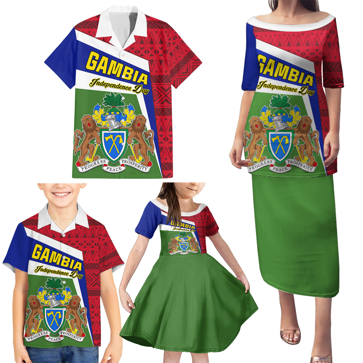 Gambia Independence Day Family Matching Puletasi and Hawaiian Shirt Coat Of Arms African Pattern - Wonder Print Shop