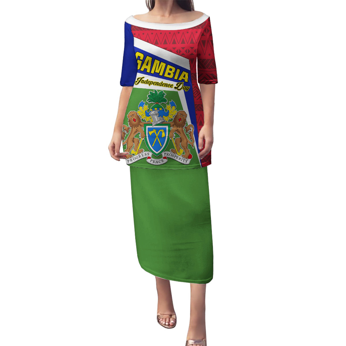 Gambia Independence Day Family Matching Puletasi and Hawaiian Shirt Coat Of Arms African Pattern - Wonder Print Shop