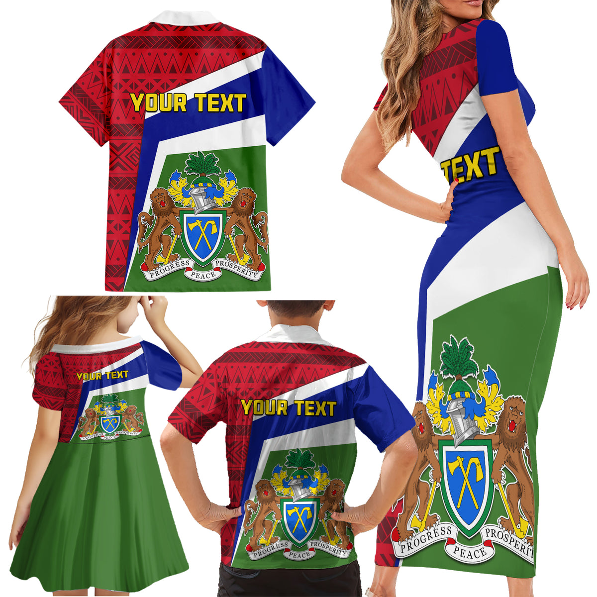 Gambia Independence Day Family Matching Short Sleeve Bodycon Dress and Hawaiian Shirt Coat Of Arms African Pattern - Wonder Print Shop