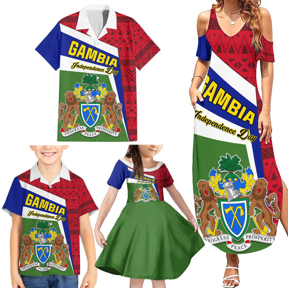 Gambia Independence Day Family Matching Summer Maxi Dress and Hawaiian Shirt Coat Of Arms African Pattern - Wonder Print Shop