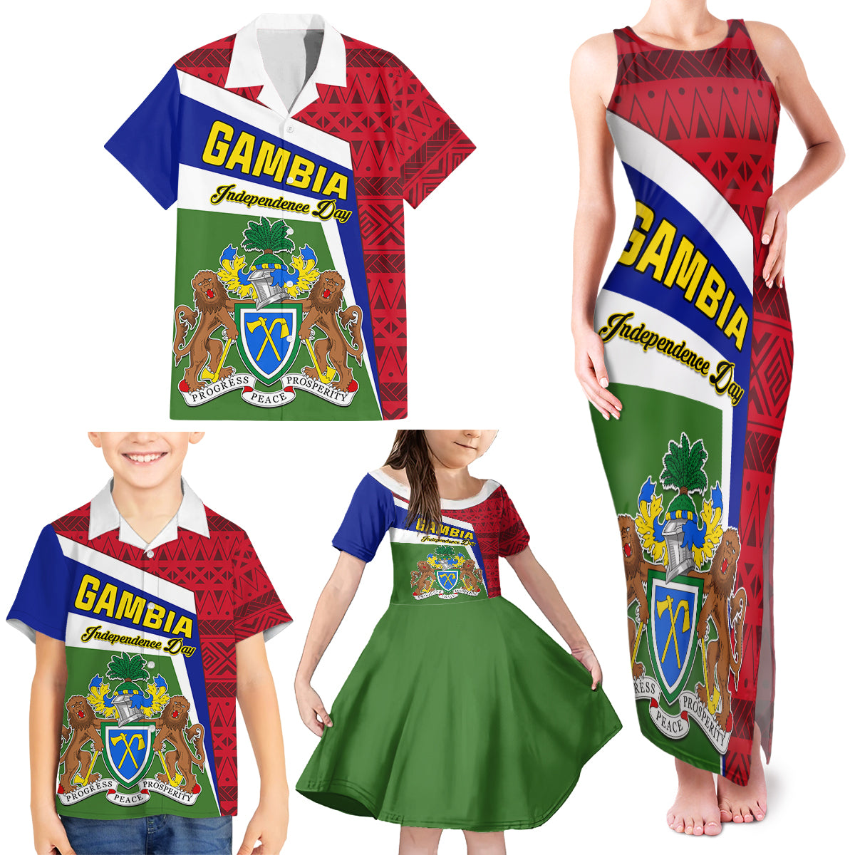 Gambia Independence Day Family Matching Tank Maxi Dress and Hawaiian Shirt Coat Of Arms African Pattern - Wonder Print Shop