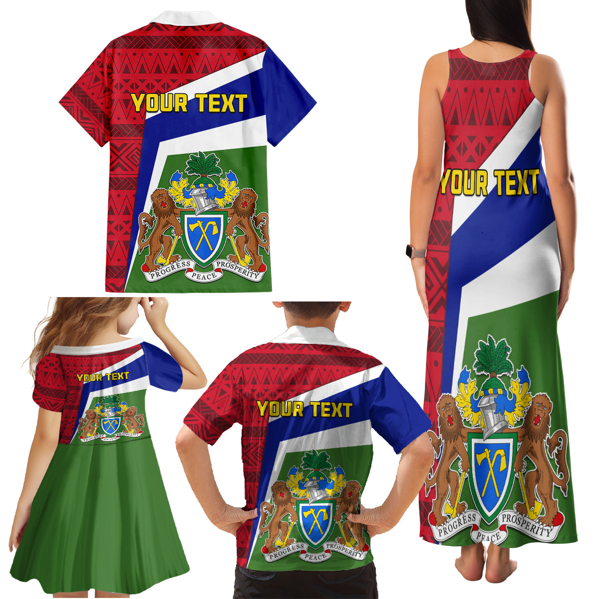 Gambia Independence Day Family Matching Tank Maxi Dress and Hawaiian Shirt Coat Of Arms African Pattern - Wonder Print Shop
