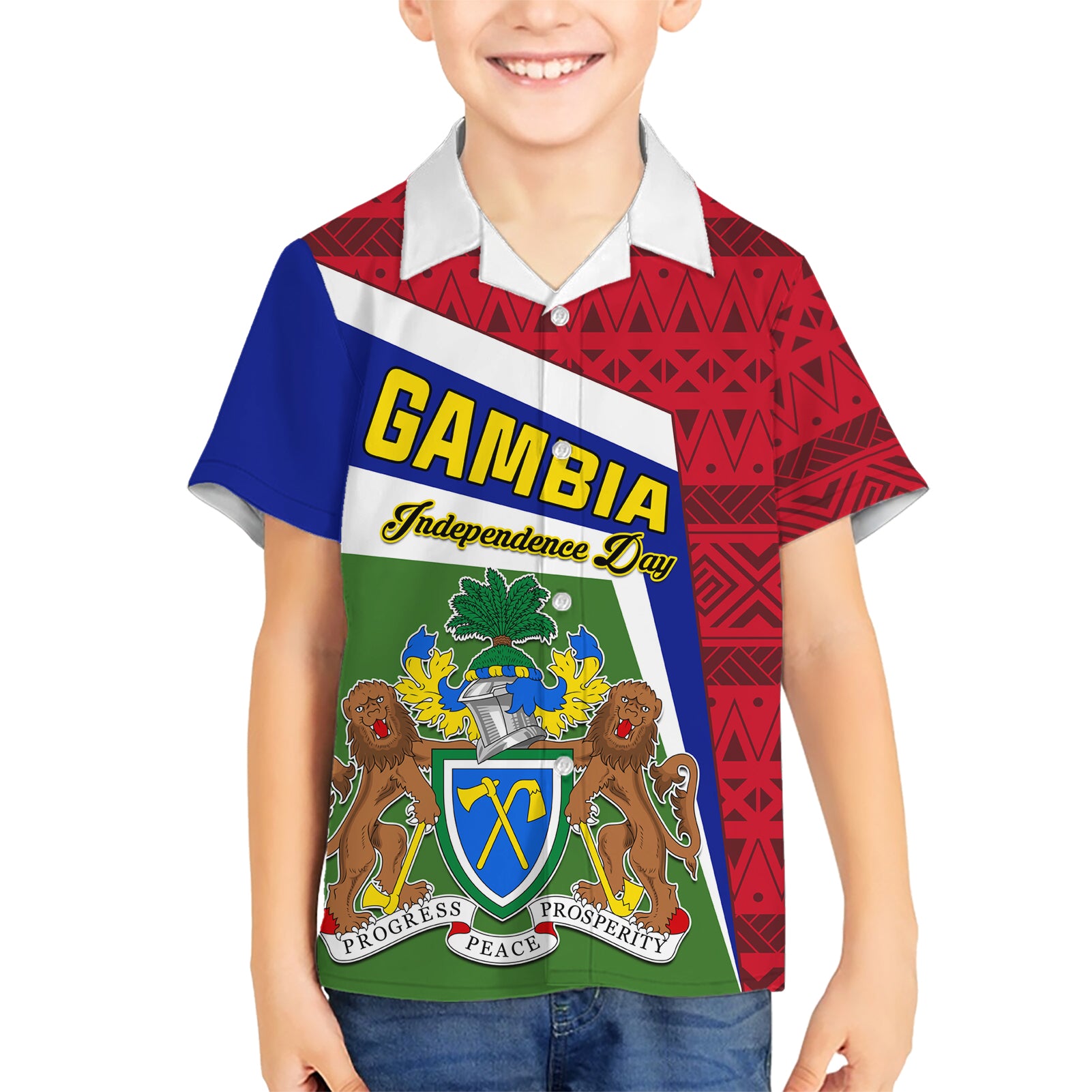 Gambia Independence Day Kid Hawaiian Shirt Coat Of Arms African Pattern - Wonder Print Shop