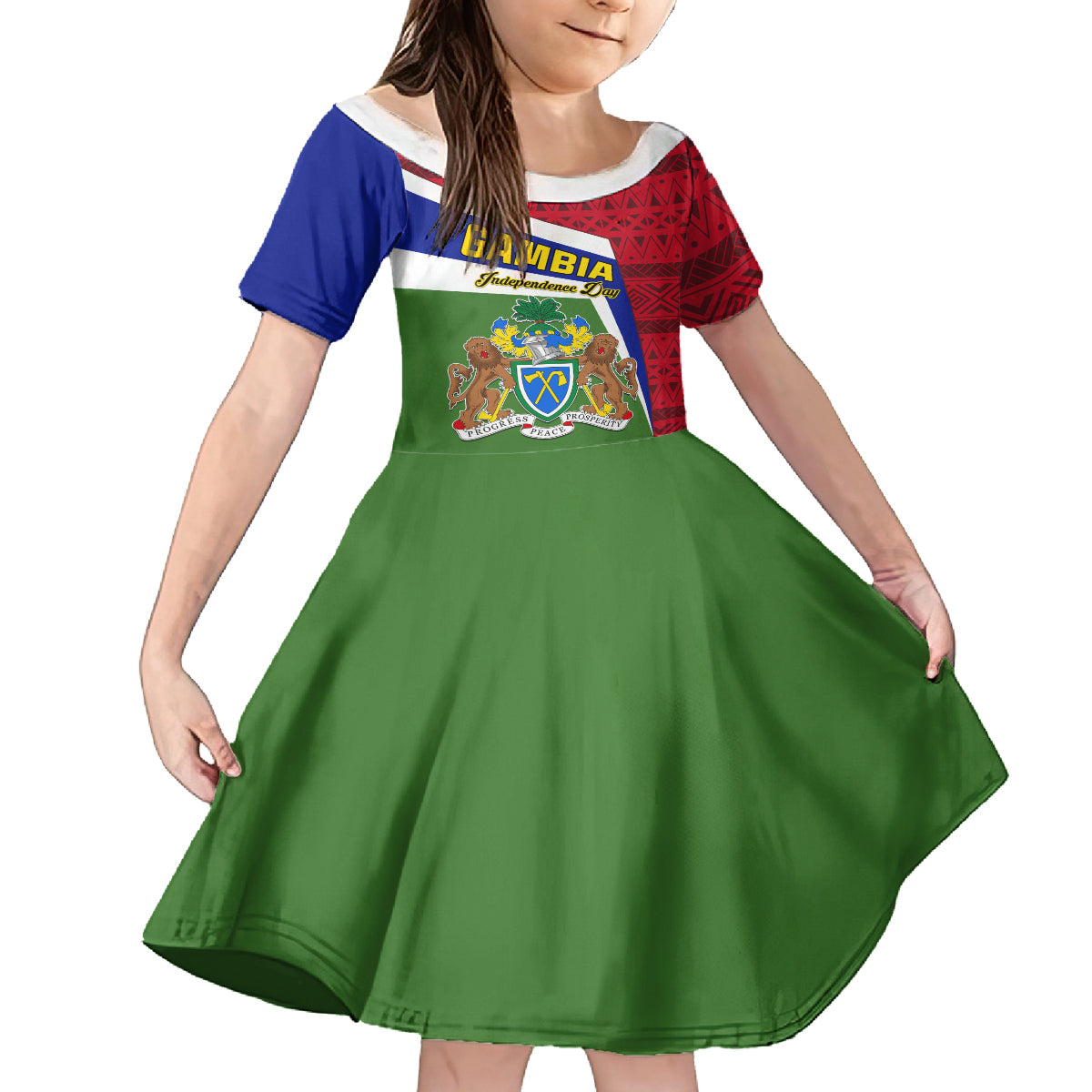 Gambia Independence Day Kid Short Sleeve Dress Coat Of Arms African Pattern - Wonder Print Shop