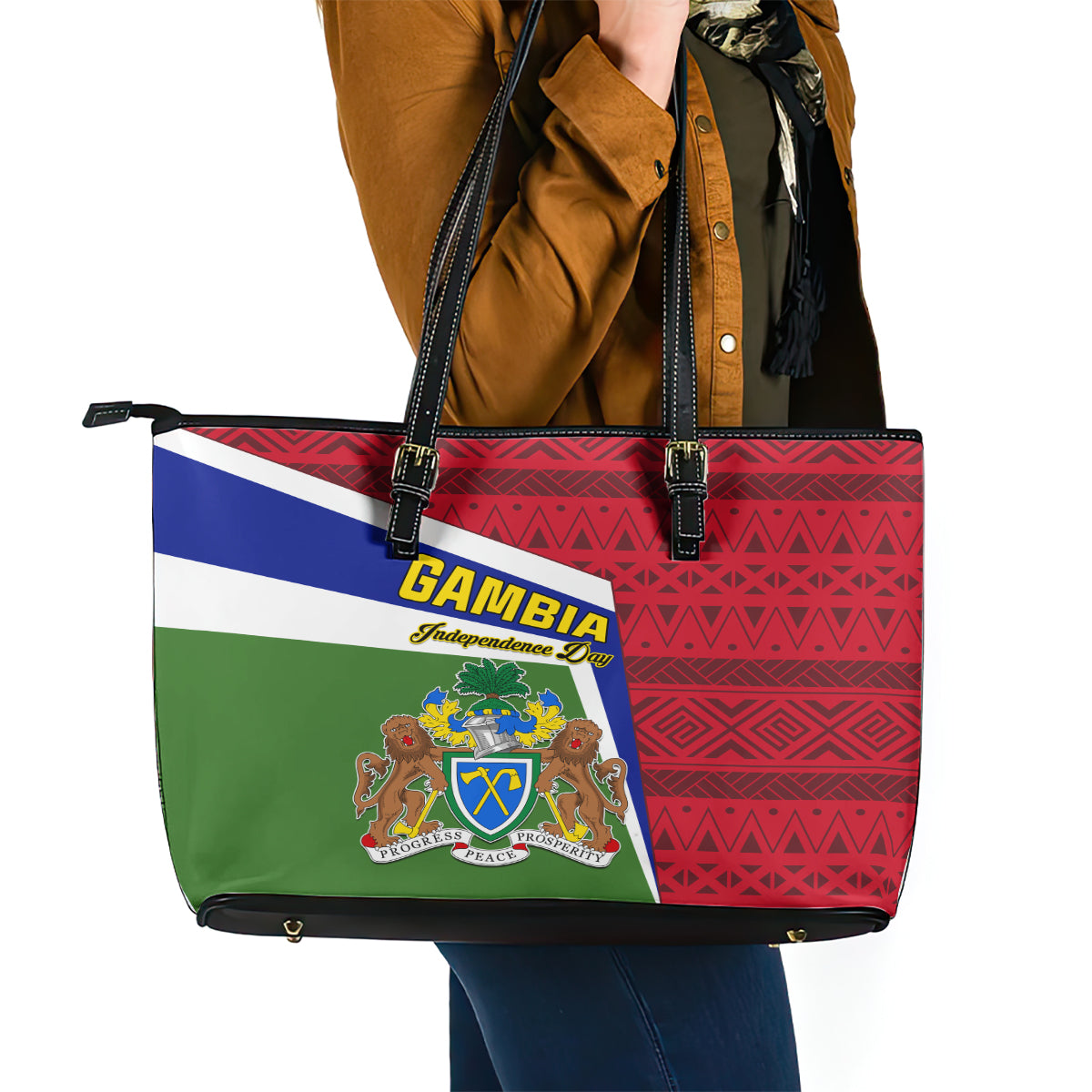 Gambia Independence Day Leather Tote Bag Coat Of Arms African Pattern - Wonder Print Shop