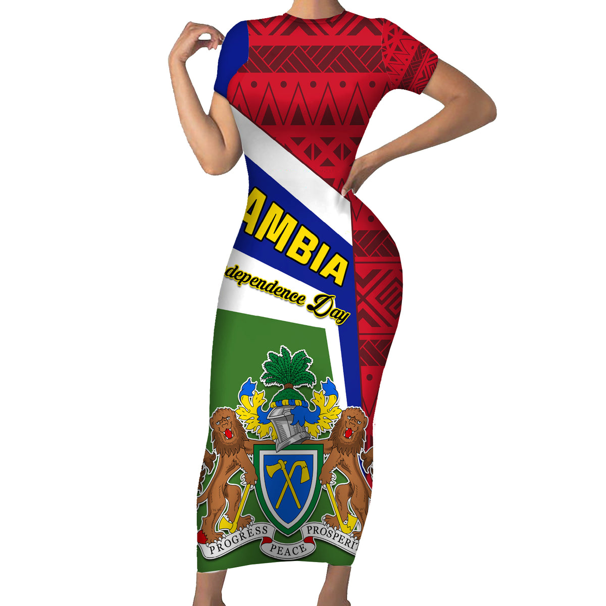 Gambia Independence Day Short Sleeve Bodycon Dress Coat Of Arms African Pattern - Wonder Print Shop