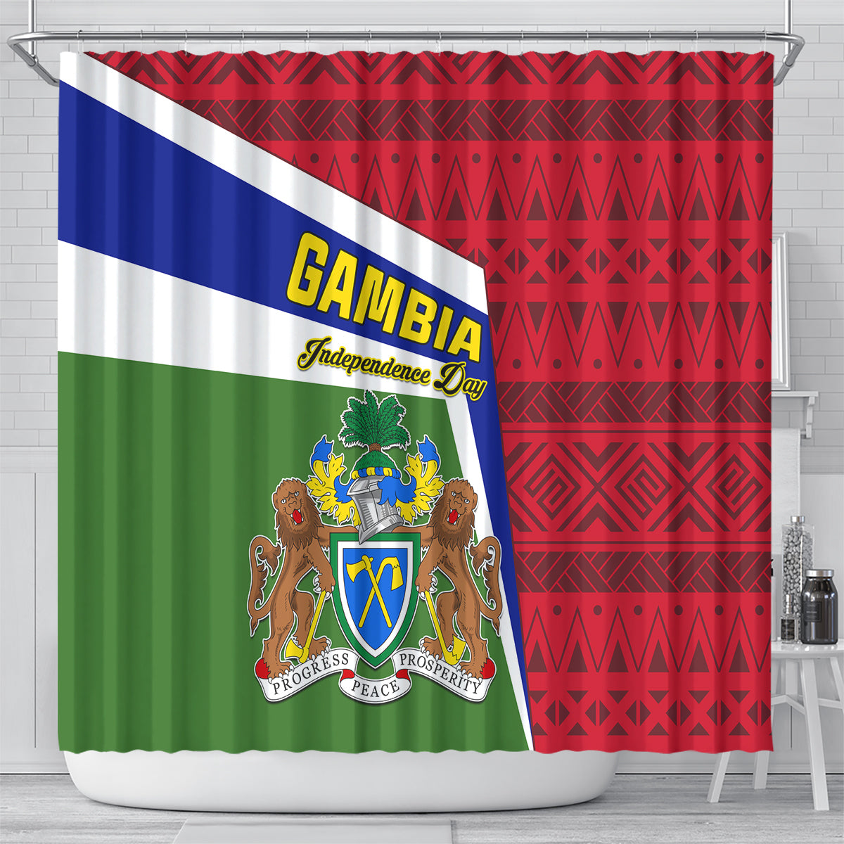 gambia-independence-day-shower-curtain-coat-of-arms-african-pattern