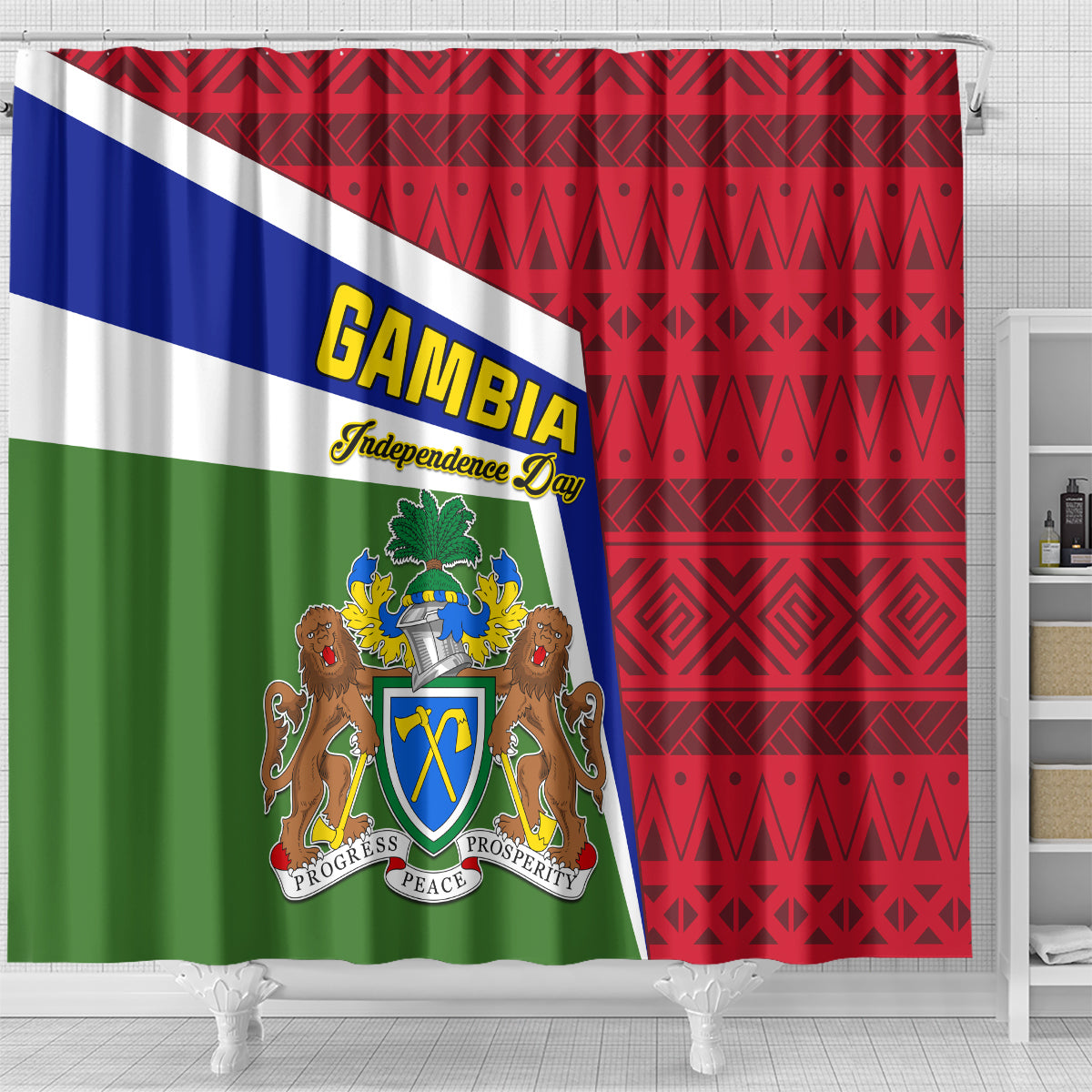gambia-independence-day-shower-curtain-coat-of-arms-african-pattern
