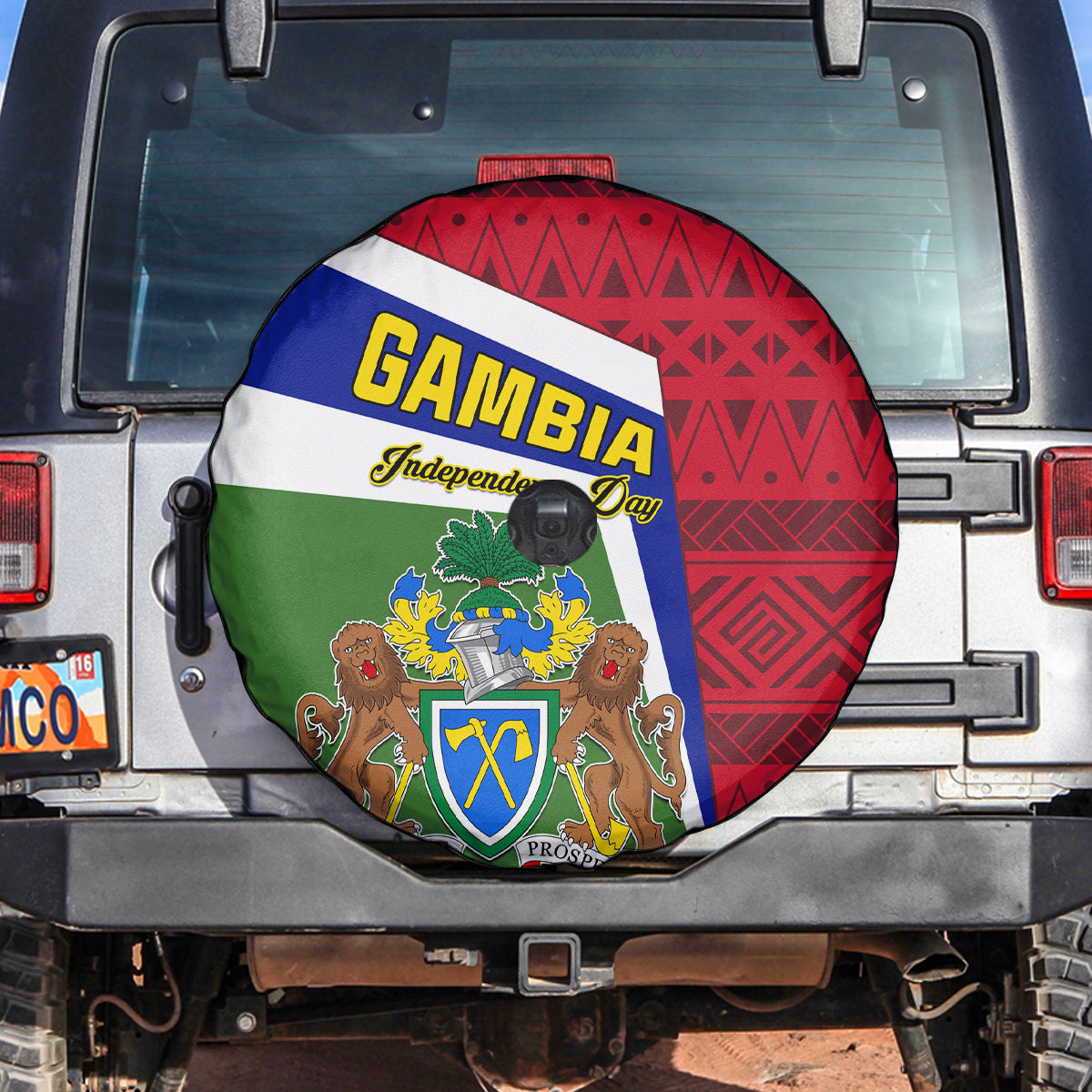 Gambia Independence Day Spare Tire Cover Coat Of Arms African Pattern - Wonder Print Shop