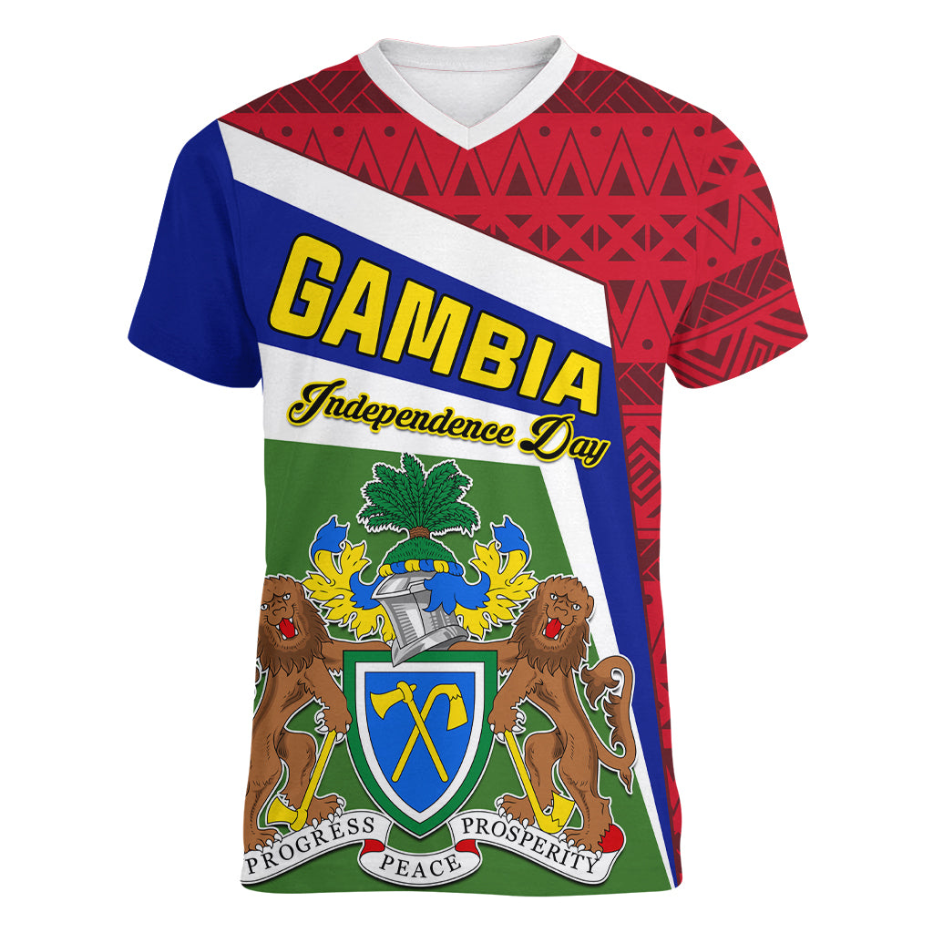 Gambia Independence Day Women V Neck T Shirt Coat Of Arms African Pattern - Wonder Print Shop