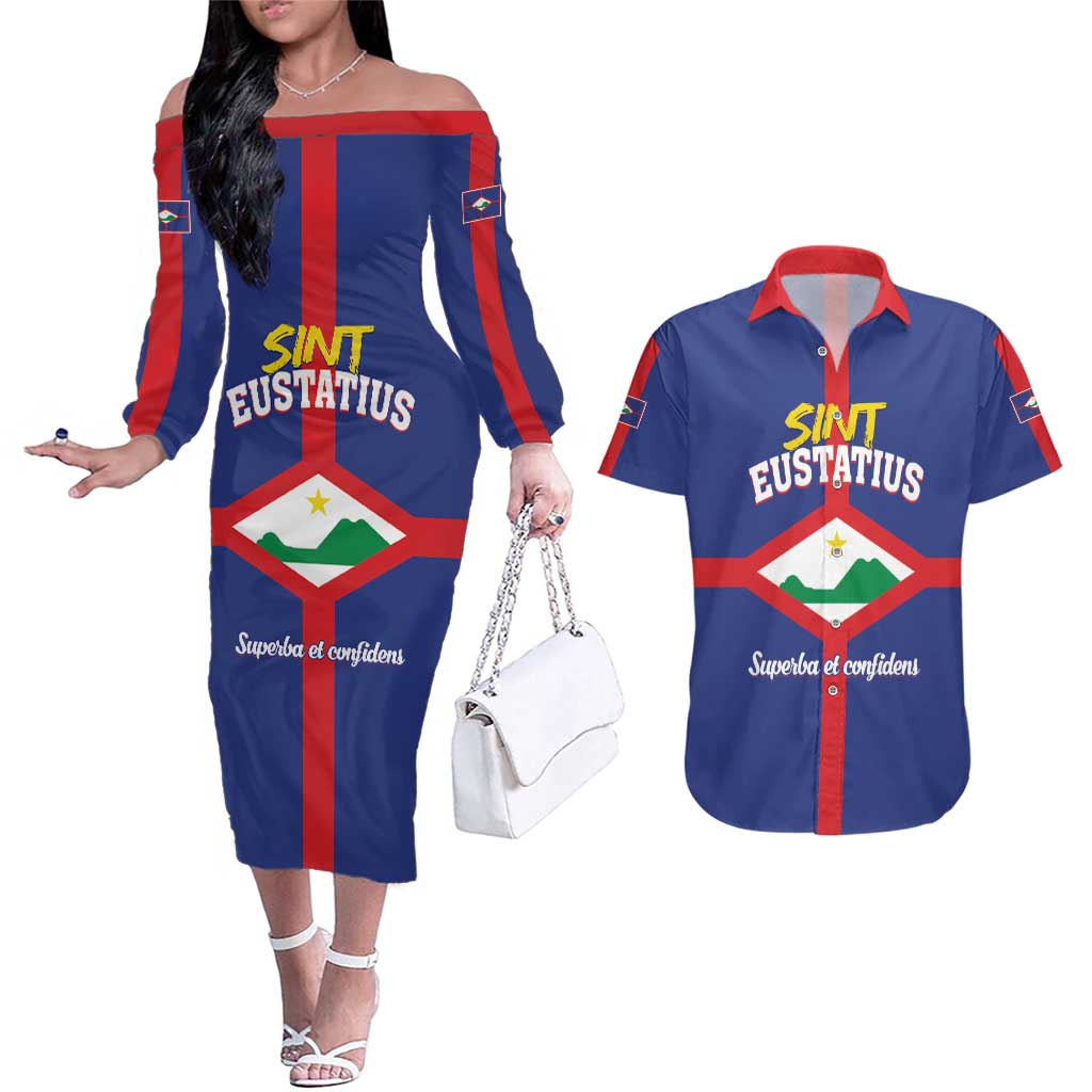 Personalized Sint Eustatius Couples Matching Off The Shoulder Long Sleeve Dress and Hawaiian Shirt Statia Superba et Confidens