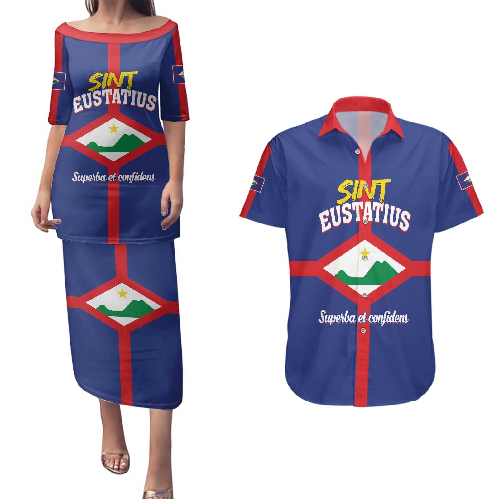 Personalized Sint Eustatius Couples Matching Puletasi and Hawaiian Shirt Statia Superba et Confidens