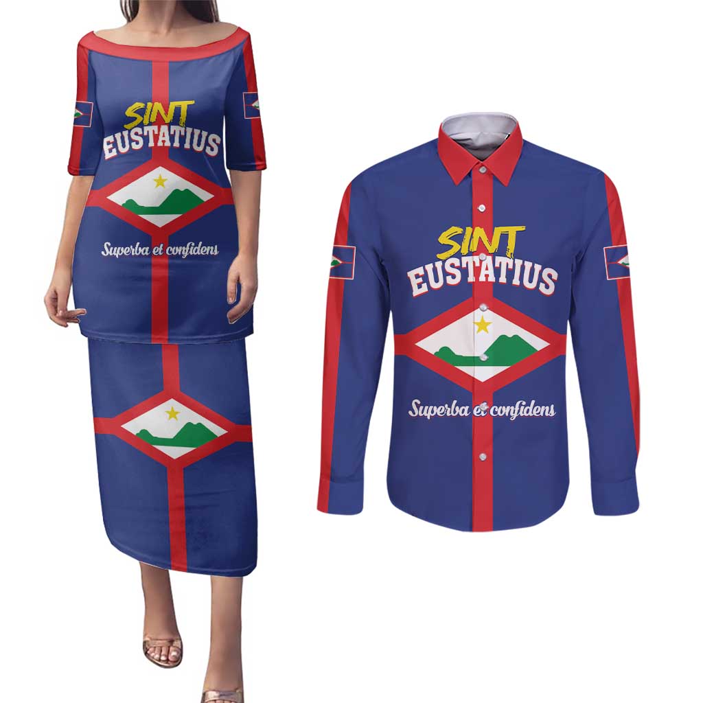 Personalized Sint Eustatius Couples Matching Puletasi and Long Sleeve Button Shirt Statia Superba et Confidens
