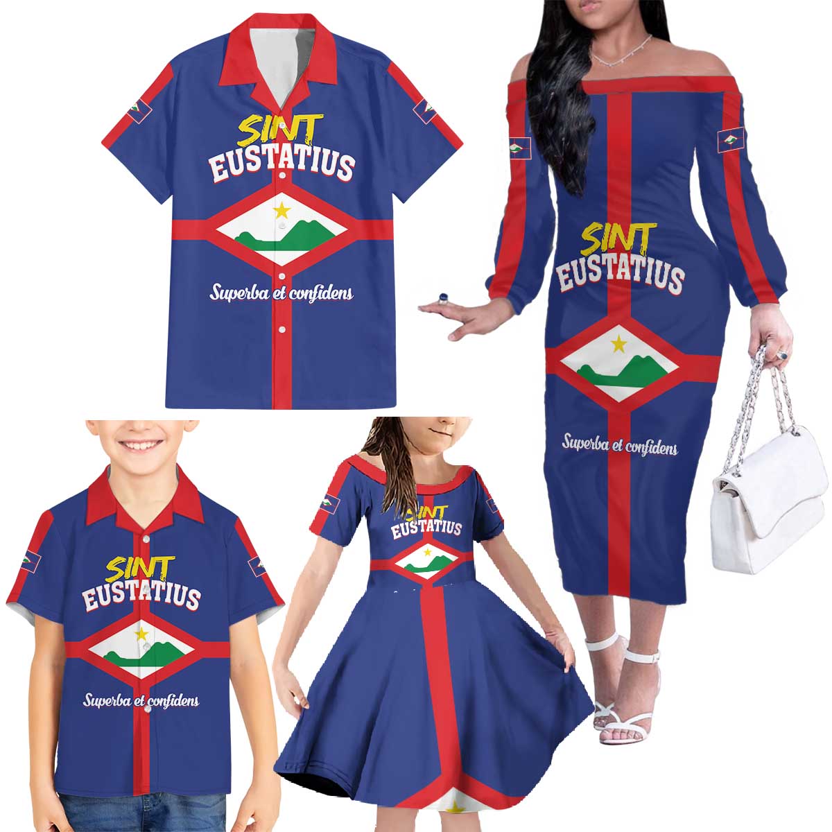 Personalized Sint Eustatius Family Matching Off The Shoulder Long Sleeve Dress and Hawaiian Shirt Statia Superba et Confidens