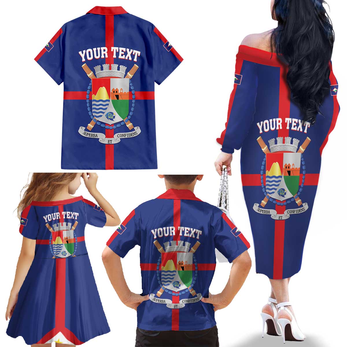 Personalized Sint Eustatius Family Matching Off The Shoulder Long Sleeve Dress and Hawaiian Shirt Statia Superba et Confidens