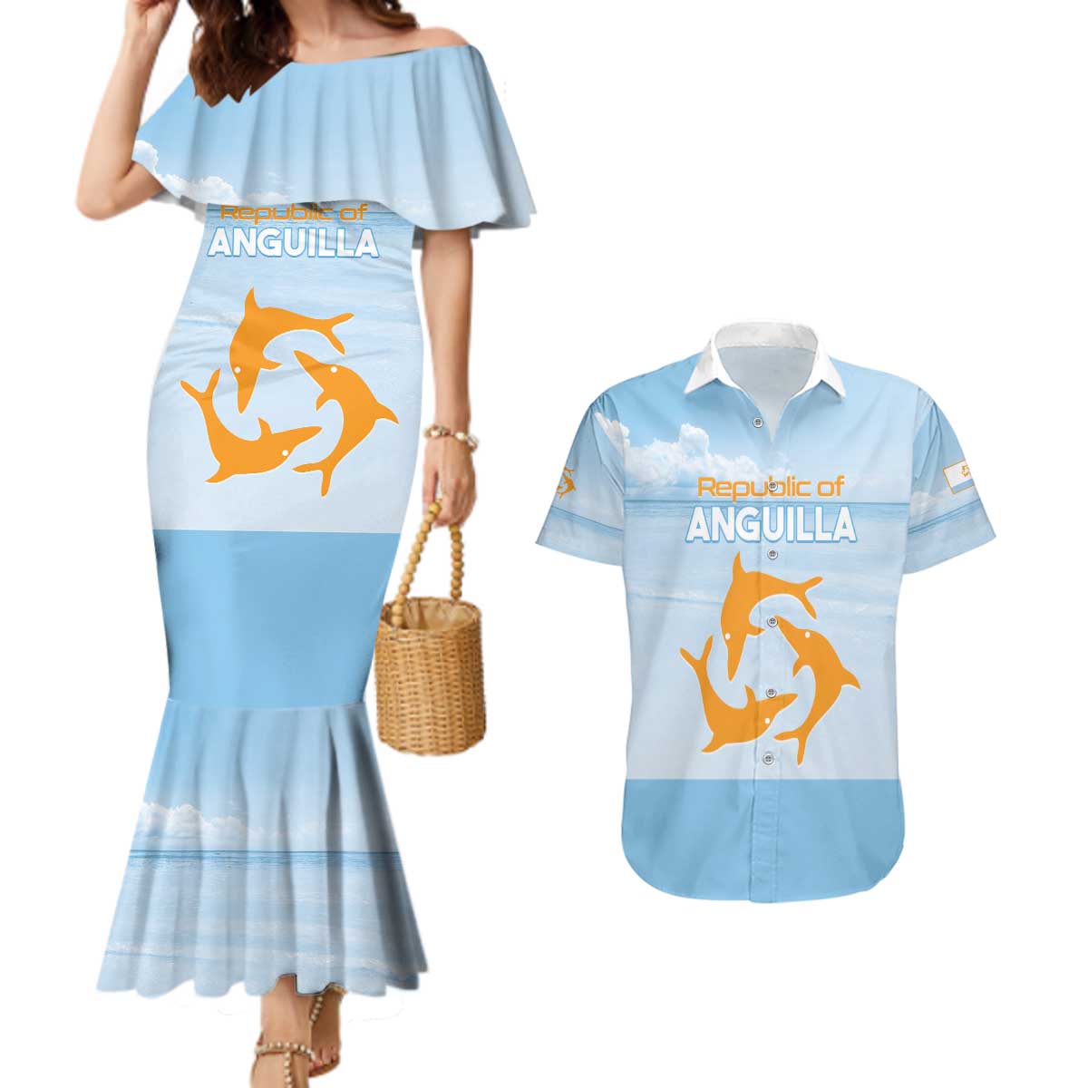 Personalized Republic of Anguilla Couples Matching Mermaid Dress and Hawaiian Shirt Strength and Endurance