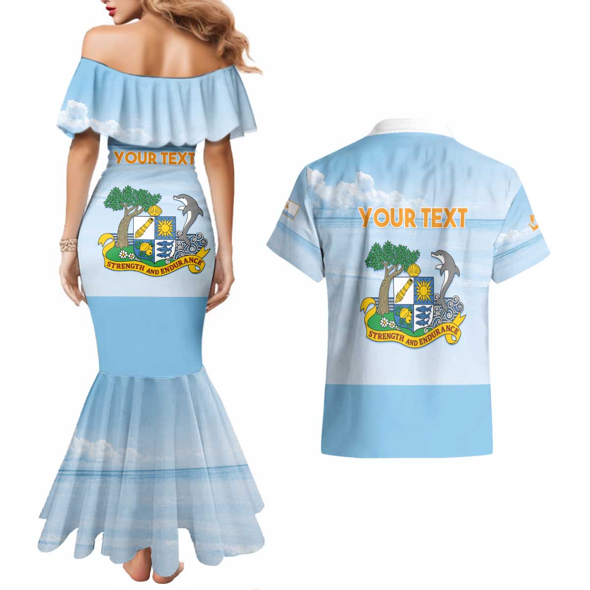 Personalized Republic of Anguilla Couples Matching Mermaid Dress and Hawaiian Shirt Strength and Endurance