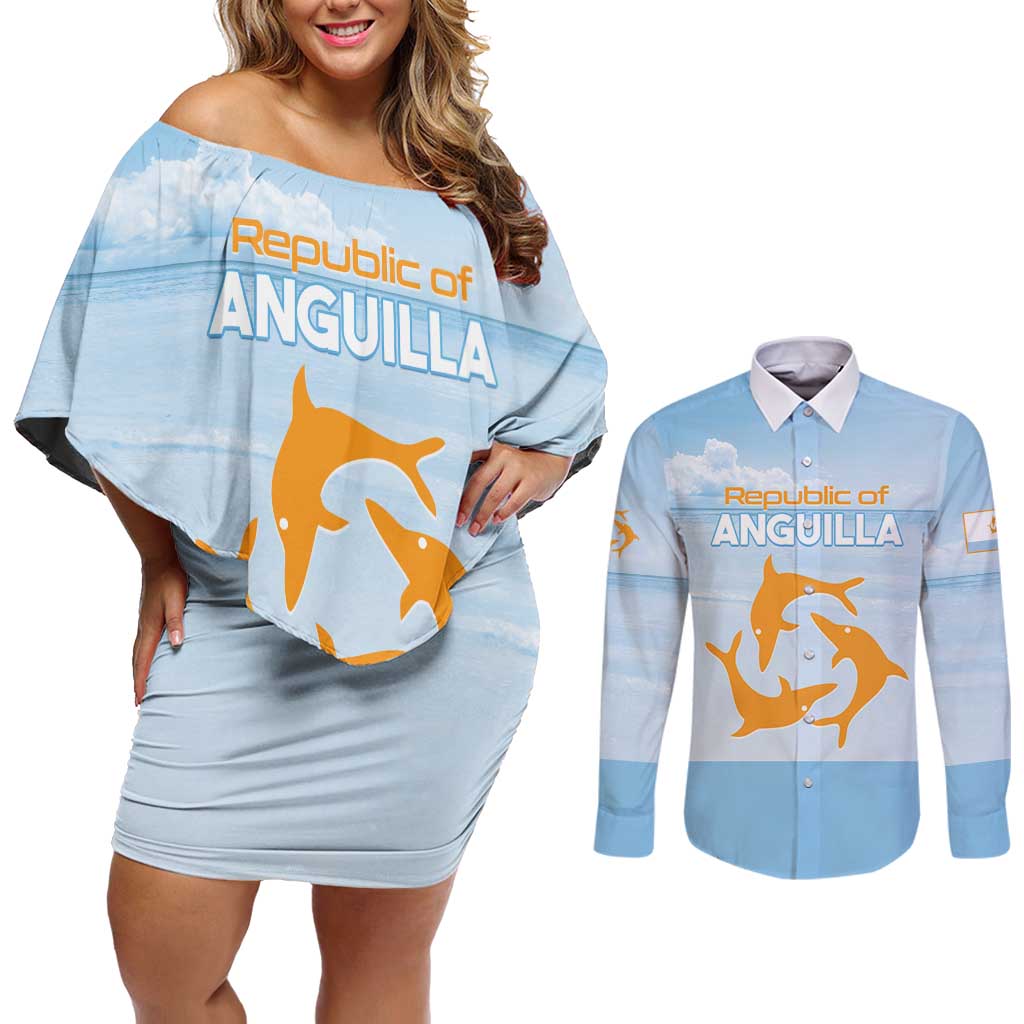 Personalized Republic of Anguilla Couples Matching Off Shoulder Short Dress and Long Sleeve Button Shirt Strength and Endurance