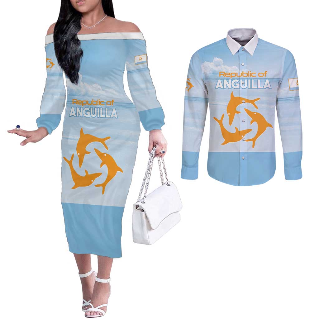 Personalized Republic of Anguilla Couples Matching Off The Shoulder Long Sleeve Dress and Long Sleeve Button Shirt Strength and Endurance
