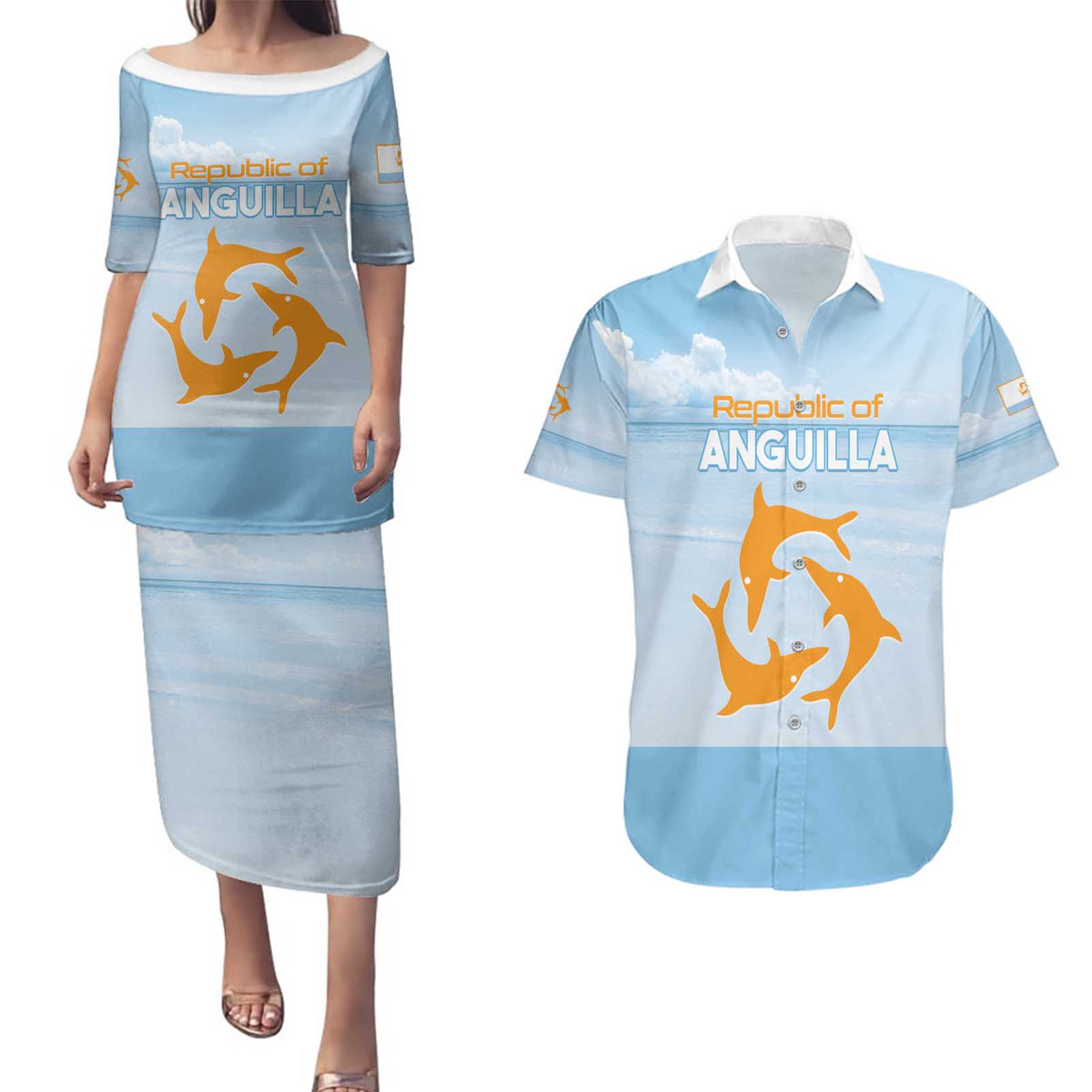 Personalized Republic of Anguilla Couples Matching Puletasi and Hawaiian Shirt Strength and Endurance