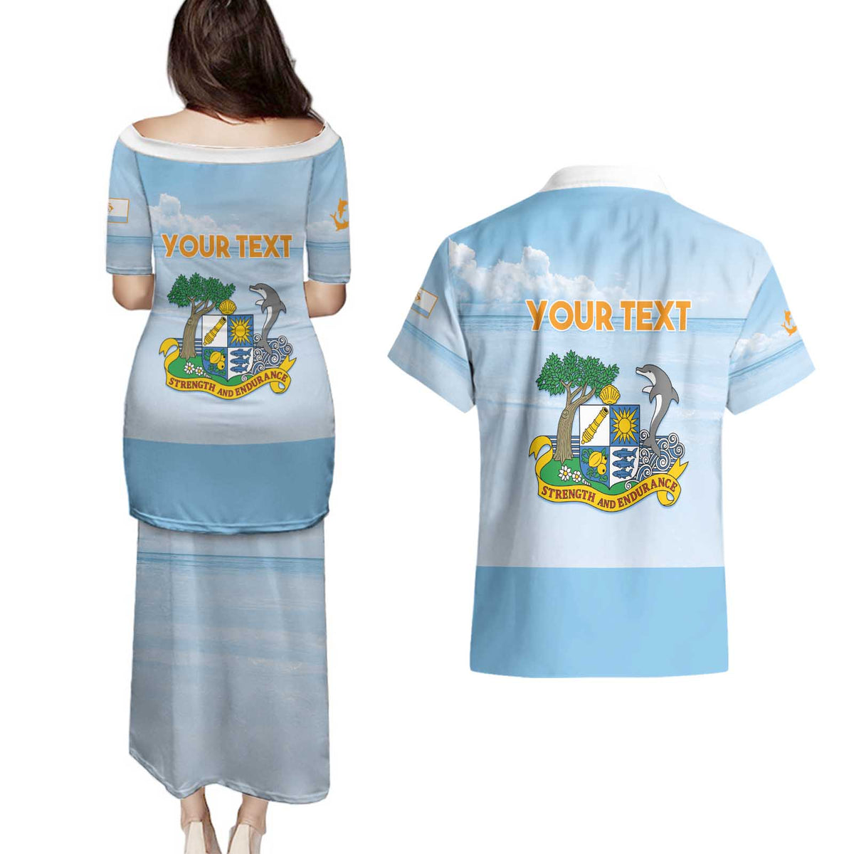 Personalized Republic of Anguilla Couples Matching Puletasi and Hawaiian Shirt Strength and Endurance