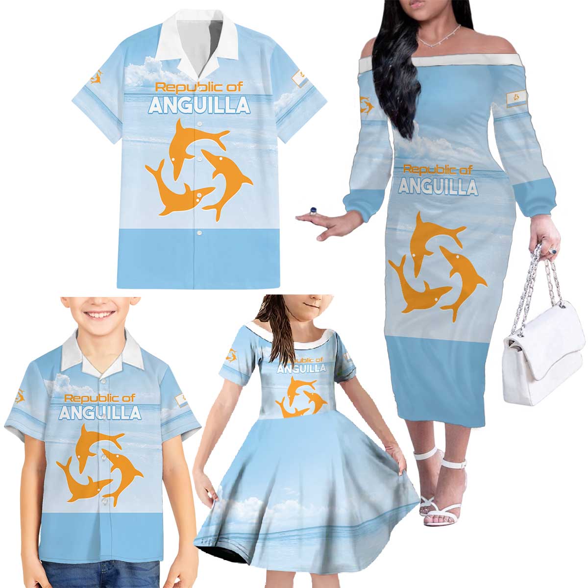 Personalized Republic of Anguilla Family Matching Off The Shoulder Long Sleeve Dress and Hawaiian Shirt Strength and Endurance