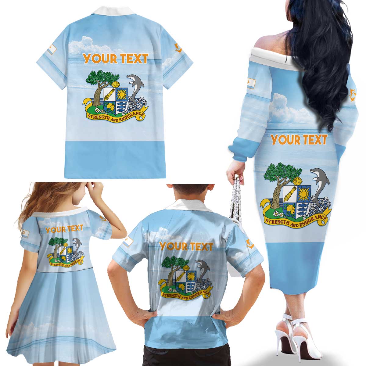 Personalized Republic of Anguilla Family Matching Off The Shoulder Long Sleeve Dress and Hawaiian Shirt Strength and Endurance
