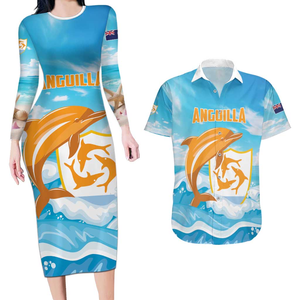 Personalized Anguilla Couples Matching Long Sleeve Bodycon Dress and Hawaiian Shirt Three Orange Gold Natural Dolphins