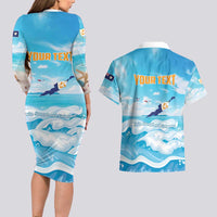 Personalized Anguilla Couples Matching Long Sleeve Bodycon Dress and Hawaiian Shirt Three Orange Gold Natural Dolphins