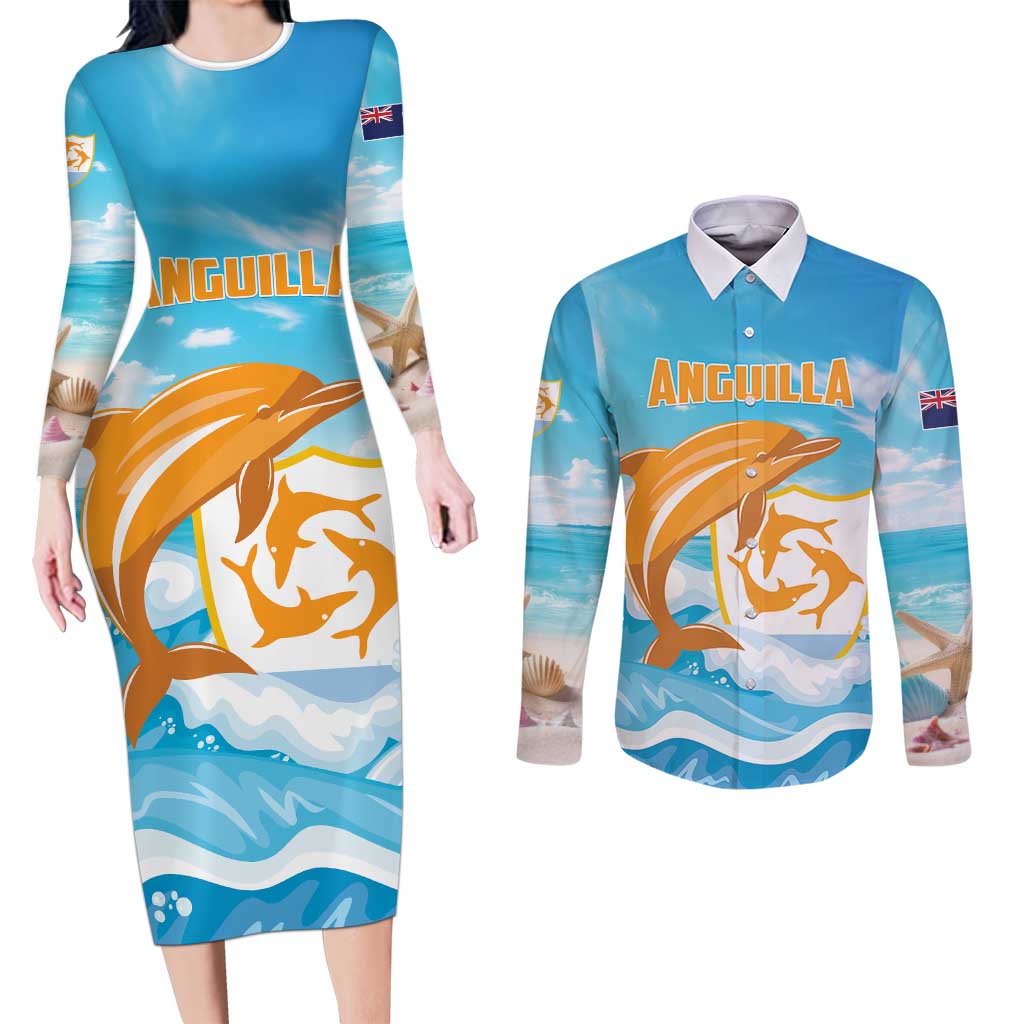 Personalized Anguilla Couples Matching Long Sleeve Bodycon Dress and Long Sleeve Button Shirt Three Orange Gold Natural Dolphins
