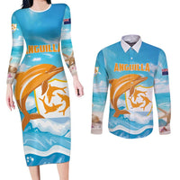 Personalized Anguilla Couples Matching Long Sleeve Bodycon Dress and Long Sleeve Button Shirt Three Orange Gold Natural Dolphins