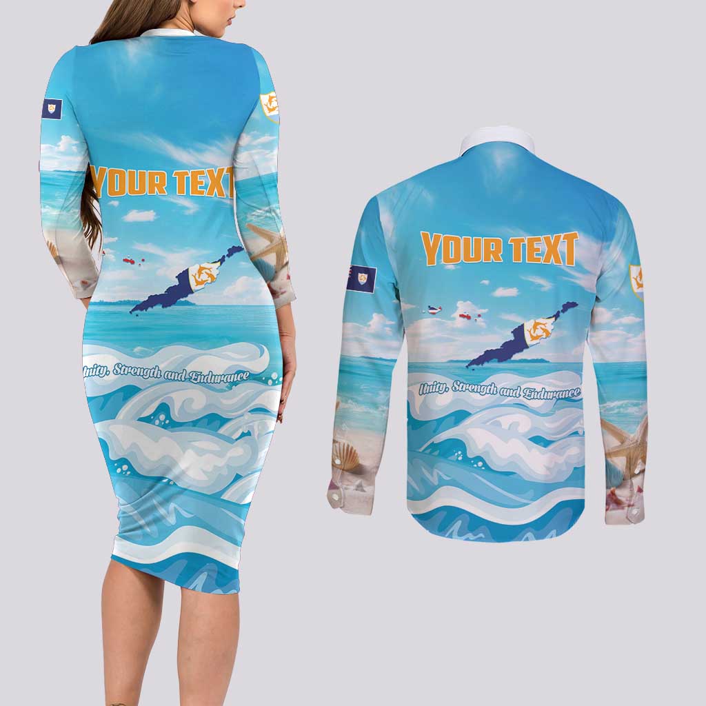 Personalized Anguilla Couples Matching Long Sleeve Bodycon Dress and Long Sleeve Button Shirt Three Orange Gold Natural Dolphins