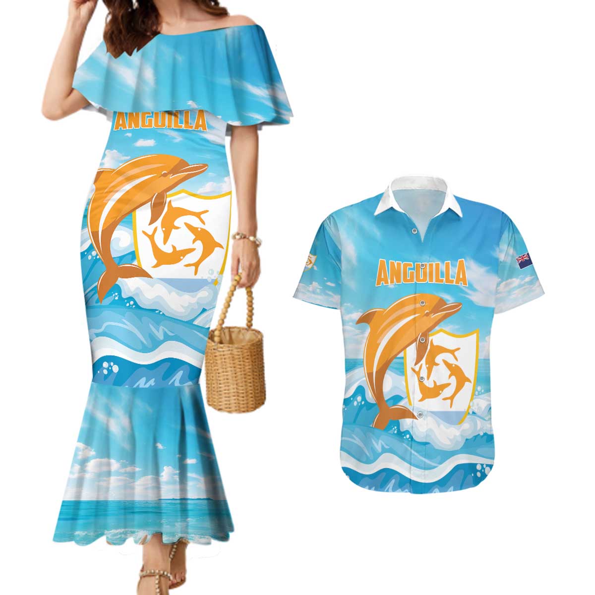 Personalized Anguilla Couples Matching Mermaid Dress and Hawaiian Shirt Three Orange Gold Natural Dolphins