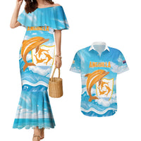 Personalized Anguilla Couples Matching Mermaid Dress and Hawaiian Shirt Three Orange Gold Natural Dolphins